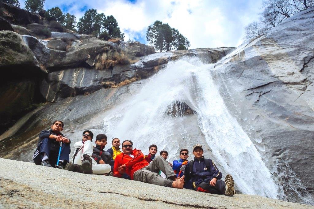 Group of Uddiyana trekkers pose for photo at the fourth waterfall in Jambil, Swat. Photo: Fazal Khaliq